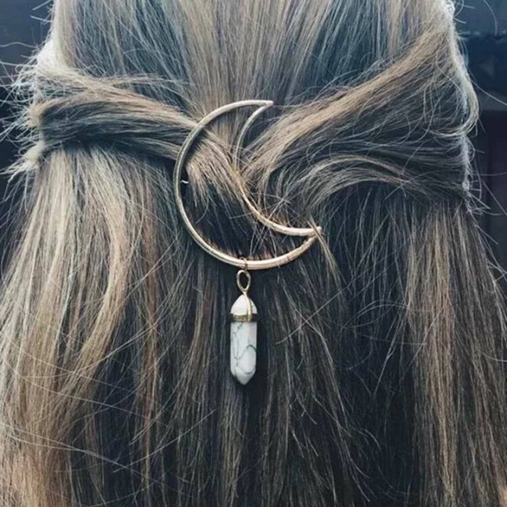NEW MOON GOLD HAIR CLIP WITH MARBLE CRYSTAL GEM